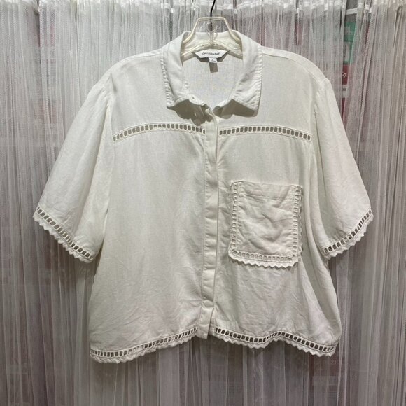 Calligraphie Linen Blend Boxy Button Down Shirt Size Large White Beachy - Picture 1 of 12